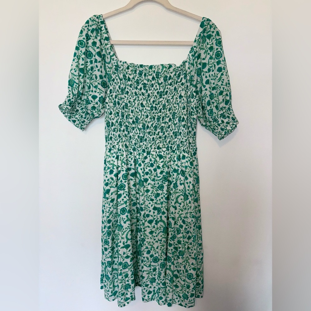 Draper James Cam Smocked Green Woodblock Floral Mini Dress with Pockets